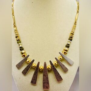 Vintage silver fringe on a gold tone and green bead necklace. 19 inches. Boho.